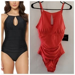 NWT Ellen Tracy Red Keyhole High Neck One Piece